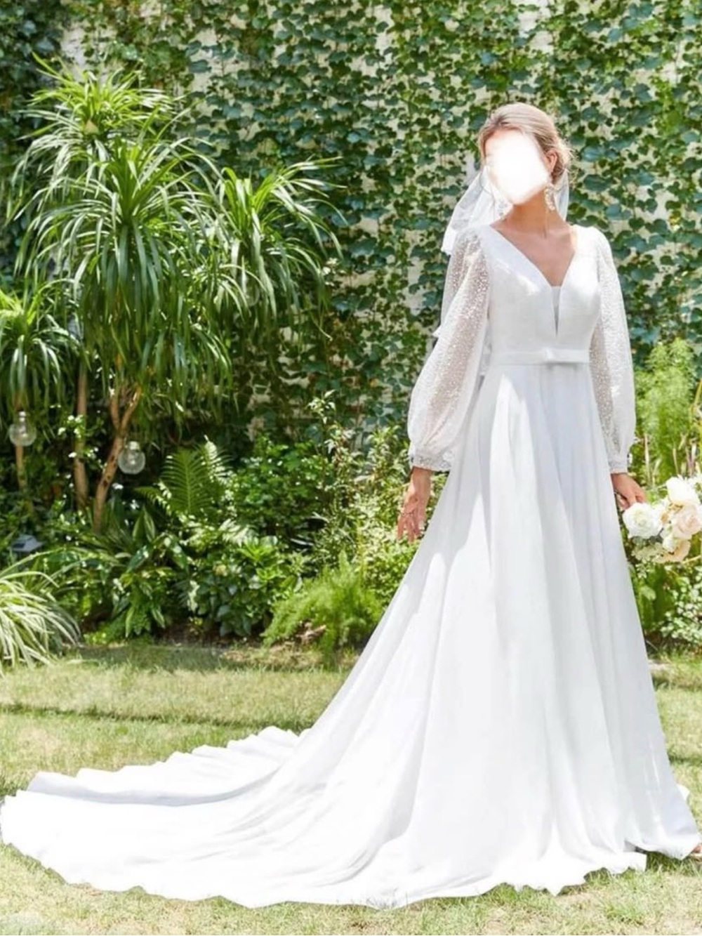 SHEIN White Long-Sleeve V-Neck Wedding Gown with Train